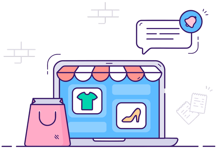 Illustration d’une boutique en ligne avec produits et panier
